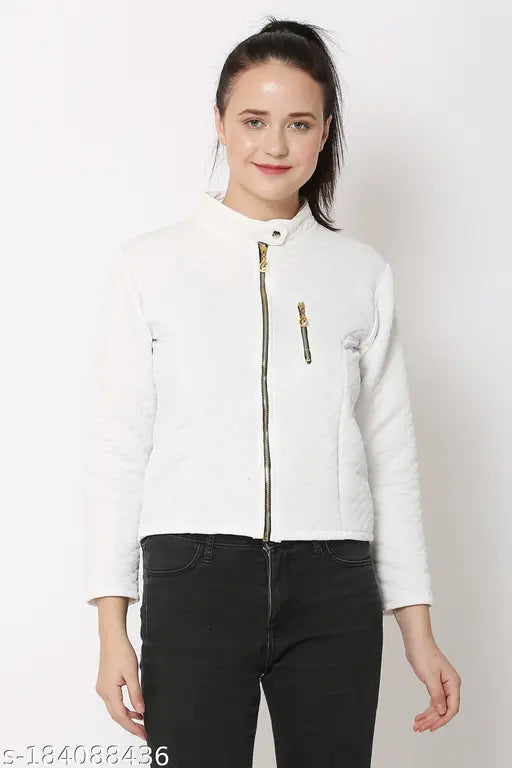 Stylish white polycotton casual jacket for women, solid colorblock design with long sleeves