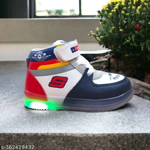 Colorblocked synthetic leather kids LED light shoes for boys and girls (ages 2.5-5 years), featuring a comfortable memory foam insole and adjustable Velcro closure. Ideal for party wear and versatile for summers and winters