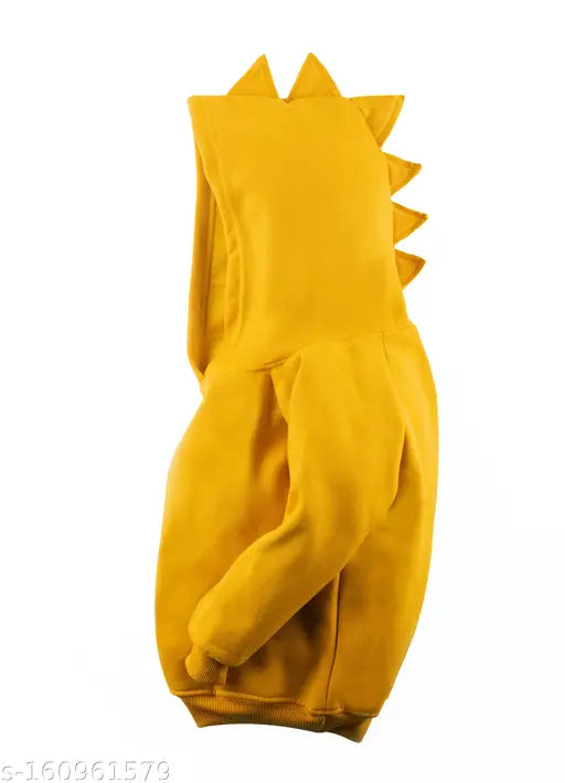 Yellow soft fleece unisex Dino hoodie for winter kids wear, funky design, solid color, long sleeves