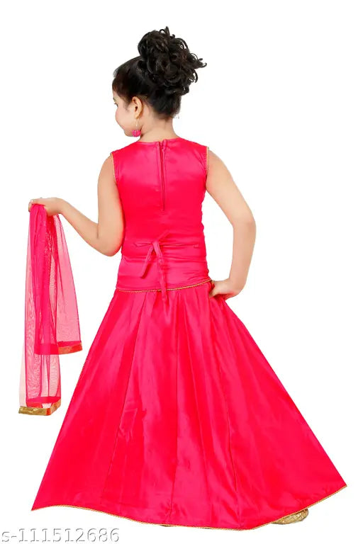 Pink cotton partywear top & bottom set Lehenga for kids, embroidered and sleeveless, soft fabric, sizes 6-12 months to 10 years, Indian ethnicwear design