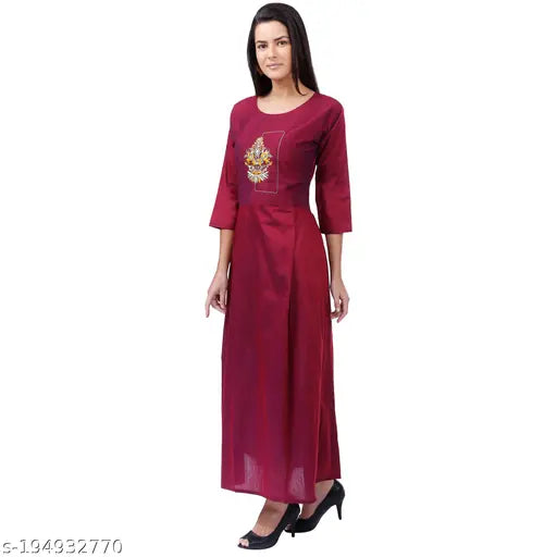 Maroon silk maxi gown with three-quarter sleeves, solid design in Indian craftsmanship
