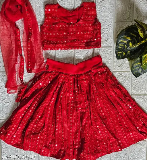 Red georgette Lehenga Choli with embellished mirror work and soft net dupatta, traditional Indian attire for girls aged 1-3 years