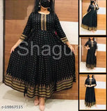 Black Rayon Anarkali Kurtis with Gold Print, three-quarter sleeves, vibrant print, comfortable and stylish ethnic wear