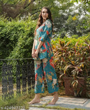 Women's Printed Cotton Blend Kurta Bottom Set, three-quarter sleeves, polyester palazzo bottoms, Indian-inspired design