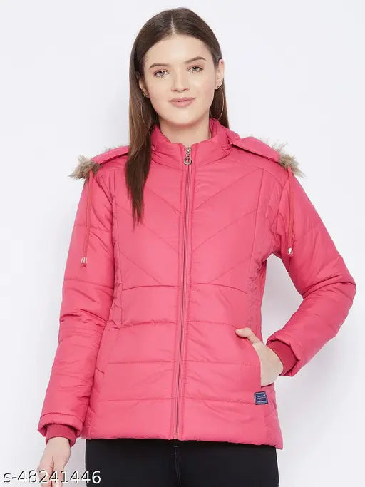 Pink polyester women's full-sleeve parka jacket by Vero Amore, quilted with polyfill, detachable faux fur hood, 3 pockets