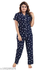 Navy Blue Women's Cotton Calssy Printed Night Suit Set - Short Sleeve Shirt & Pyjama, Multicolor Pattern