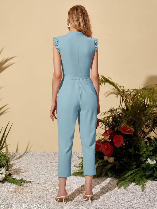 XL polyester self-belted jumpsuit with ruffle cuffs and mock neck, elegant wide leg design for evening parties or casual wear