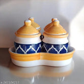 Blue & yellow SOULCRAFTZ ceramic jars set with lids and tray for pickle, chutney storage - multipurpose kitchen containers (pack of 4)