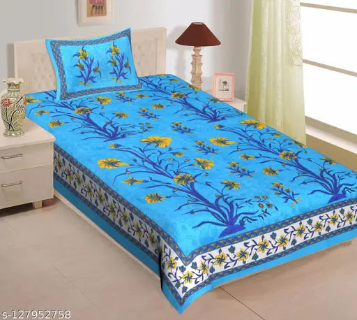 100% pure cotton, botanical print single bedsheet with pillow cover - ideal for summer, adult use from Home@shop