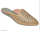 Synthetic peach slip-on flats, embellished racecourse design for women's flat belly, India origin