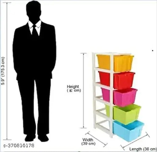 Multi-color, plastic modular drawer system (5XL), suitable for home office, hospital, parlor, school, and kids. Dimensions: 27cm x 32cm x 85cm when assembled