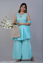 Blue embroidered rayon kurta, sharara set with dupatta for women - Indian designer outfit featuring sleeveless printed palazzo pants and matching drape