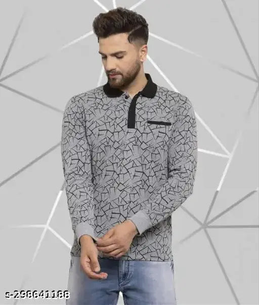 Grey cotton blend Wild West All Over Printed full sleeve polo neck t-shirt for men, stylish and trendy party wear option