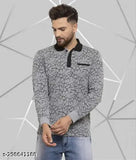 Grey cotton blend Wild West All Over Printed full sleeve polo neck t-shirt for men, stylish and trendy party wear option