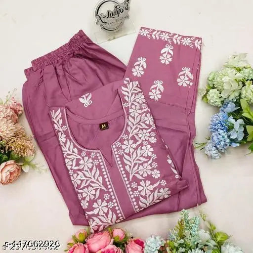 Rayon Chikankari Floral Design Kurti Palazzo set with Embroidery, traditional artistry and Lucknowi elegance in threads