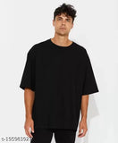 Solid black cotton blend oversized drop shoulder T-shirt for men, perfect for casual wear