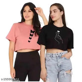 Peach cotton blend crop top pack of 2, featuring printed patterns on short sleeves, perfect for women's casual wear