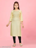 Embroidered cotton blend floral kurta set, A-line churidar for girls aged 10-11, Indian ethnic wear