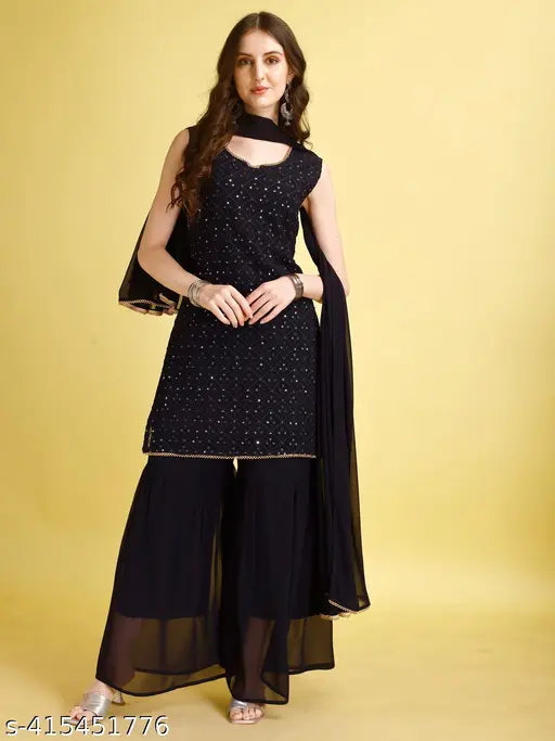 Georgette embellished sarara dupata set for beautiful women - sleeveless, pack of 3, Indian origin