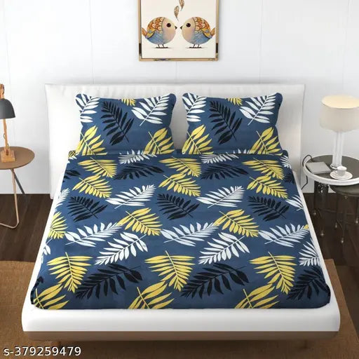 Glaze-cotton, superfine, fitted double bedsheet pack of 1 with 2 pillow covers - ideal for summer, adult use, botanical pattern, elastic fit for mattresses height 4-8 inches