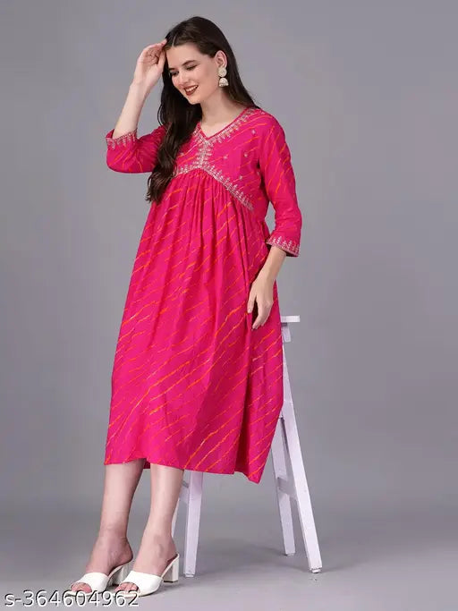 Red women's cotton blend anarkali kurta with animal print, dyed/washed combo on model