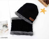 Black woolen beanie cap scarf set (fur inside), stretchy and warm winter accessory for men and women