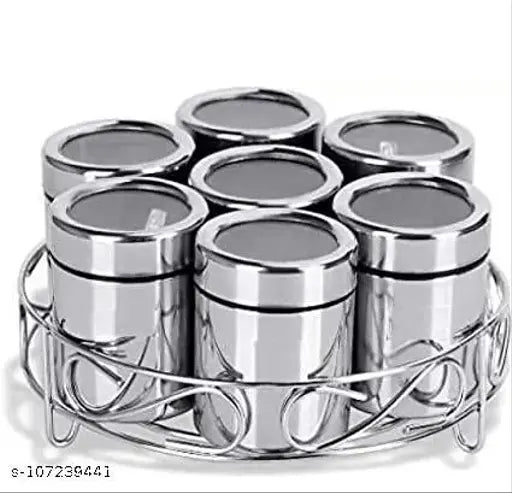 Stainless steel spice boxes set, airtight and dishwasher-safe for kitchen storage. Pack of 7 containers with dimensions 12cm x 7cm x 22cm, ideal for masala dabba organization