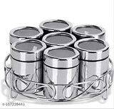 Stainless steel spice boxes set, airtight and dishwasher-safe for kitchen storage. Pack of 7 containers with dimensions 12cm x 7cm x 22cm, ideal for masala dabba organization