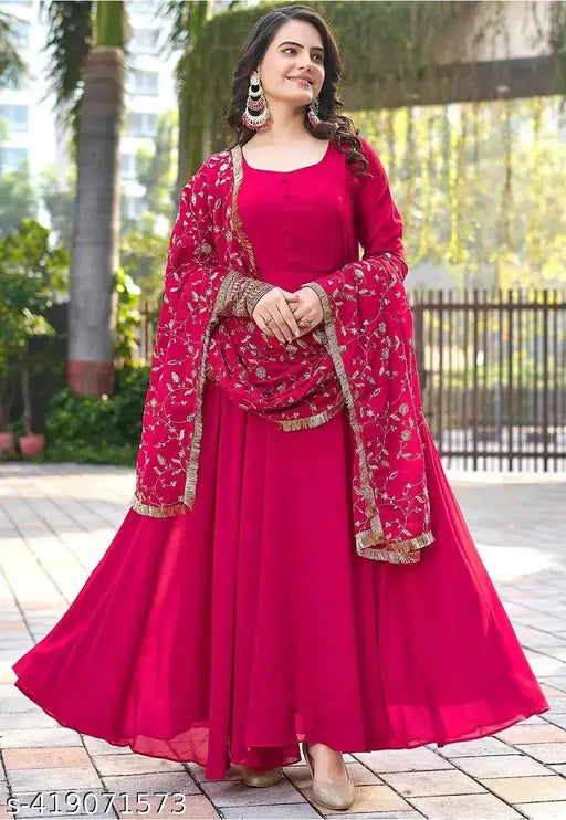 Pink MK Ethnic Designer Anarkali Dress with Embroidery, Georgette fabric, full sleeves