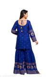 Printed embroidered rayon kurti-sharara dupatta set with skirt, royal blue Indian fashion on model