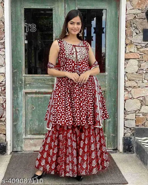 Dark maroon rayon printed women's kurta with sharara and dupatta set - Indian ethnic fashion for all occasions