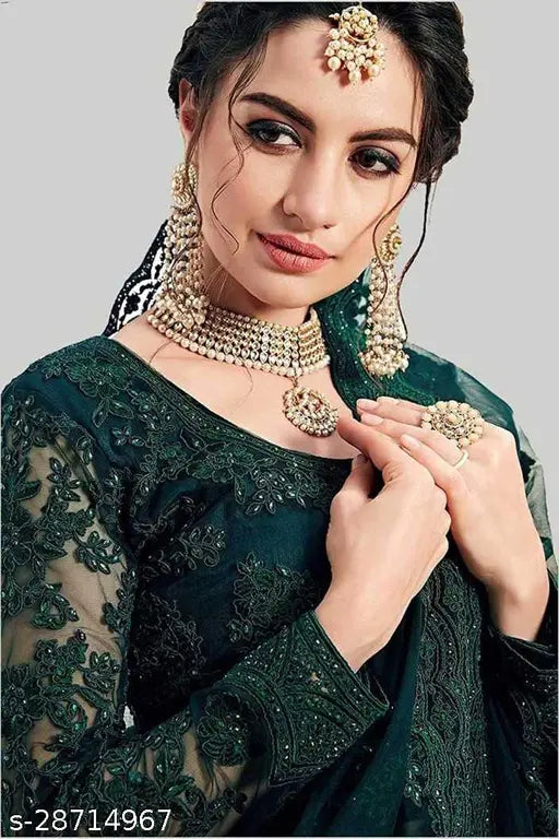 Green net embroidered Lehenga Choli and Dupatta, semi-stitched, patlani chain with stone work, India