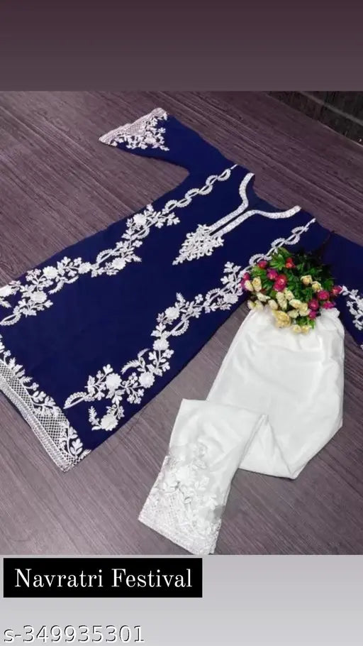Blue Georgette & Silk Kurti Set Combo with Palazzos & Dupatta - Embroidered Nayar style for Women
