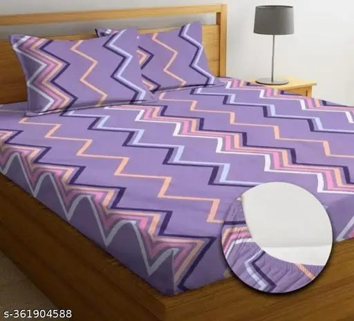Geometric cotton bedsheet set, lightweight & breathable, fitted double size with 2 pillow covers