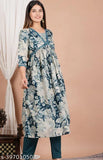 Aqua blue rayon Aliya cut procion kurti with printed combo and three-quarter sleeves, beautiful pure cotton fabric, India origin
