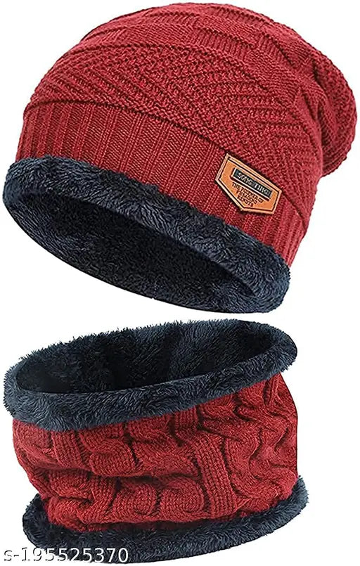 Red fur wool knitted beanie cap with neck muffler, premium quality, snow-proof, universal size