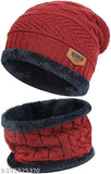 Red fur wool knitted beanie cap with neck muffler, premium quality, snow-proof, universal size
