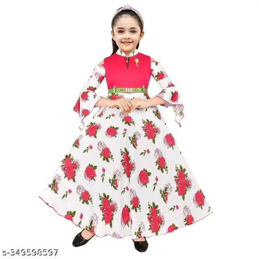 Printed cotton blend maxi gown for girls aged 5-10 years, suitable for various occasions and seasons. Three-quarter sleeves, India origin