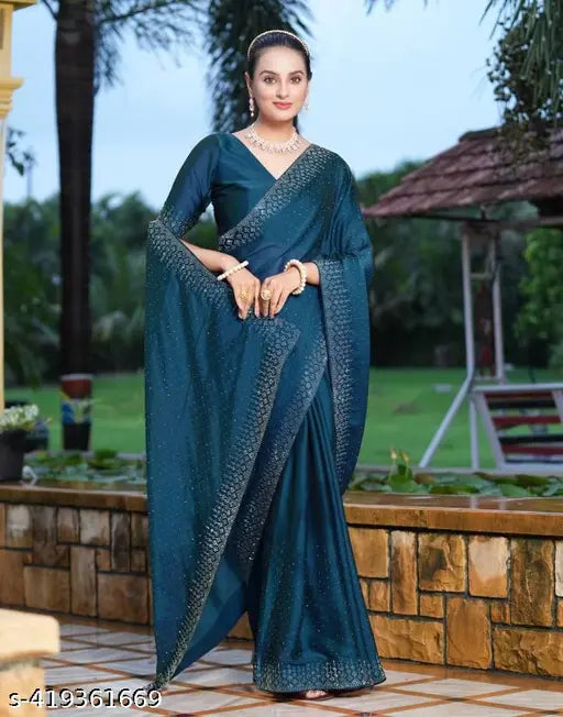 Swarovski crystal-embellished georgette silk saree with unstitched blouse piece, free size