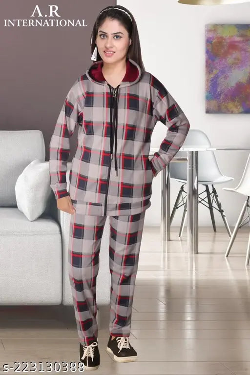 Women's checked velvet winter nightsuit/nightdress, luxurious and cozy sleepwear for winter