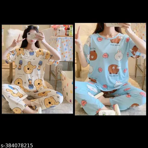 Black printed polycotton women's nightsuit set, pack of 2 - modern sleepwear for contemporary style and comfort