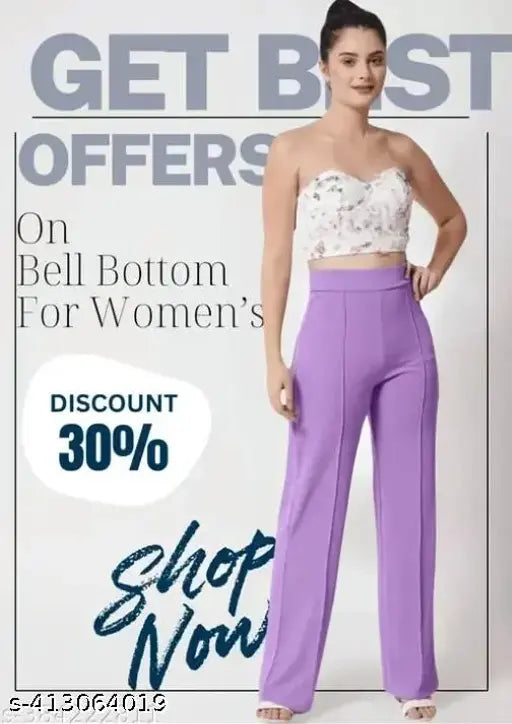 Trendy cotton blend high-rise bell bottom trousers for women - Solid color, India origin