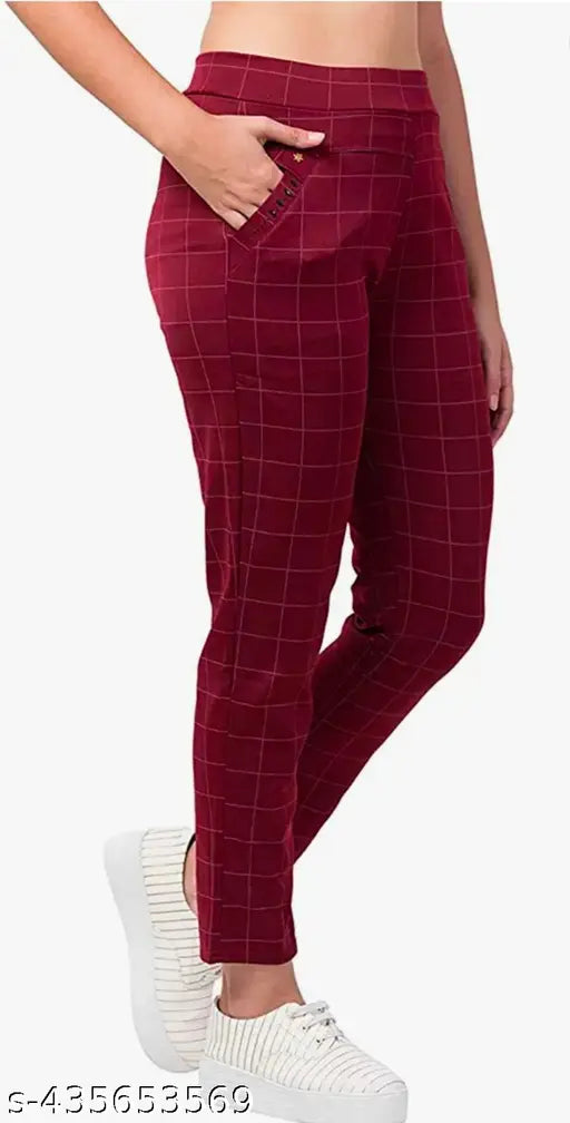 Maroon grey brown checkered lycra jeggings combo (3 pack) for women's/girls - stylish double pocket design from India