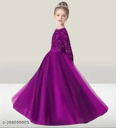 Indian net children's formal dress, long-sleeved solid color partywear for kids 5-16 years