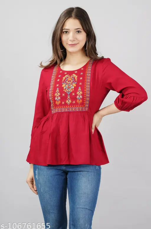 Rayon embroidered casual top, three-quarter sleeves for women & girls, Indian-made, stylish and comfortable