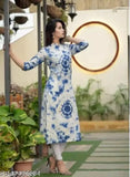 White and Blue Printed Viscose Rayon A-line Kurtis for women, three-quarter sleeves