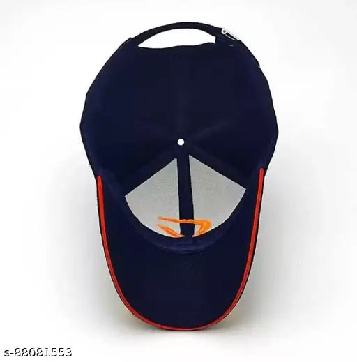 Black cotton baseball cap with adjustable strap, embroidered design, and navy blue trim. Ideal for sports, summer, and casual wear. Made in India." (107 characters)
