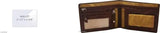 Trendy men's brown faux leather bi-fold wallet with 2 compartments, 4 card slots, secret slots, chain pocket, and ID window. Solid design for organization of cards and money