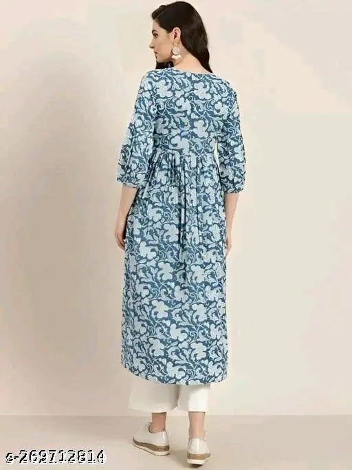 Indian printed net polyester kurta set with palazzo bottoms, three-quarter sleeves. Beautiful and affordable women's fashion." (123 characters)
