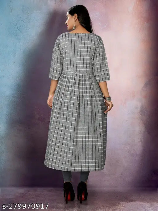 Cotton three-quarter sleeve striped kurta, checked pattern, VINH Fashion, Indian fashion wear